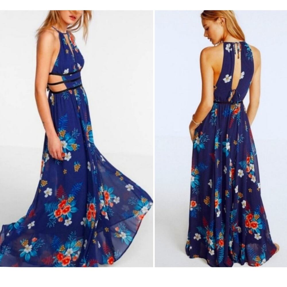 Express High Neck Floral Cut Out Navy Maxi Dress size Small